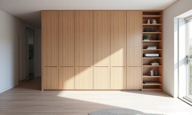 Strakke, moderne inbouwkast van licht hout in een lichte woonkamer.